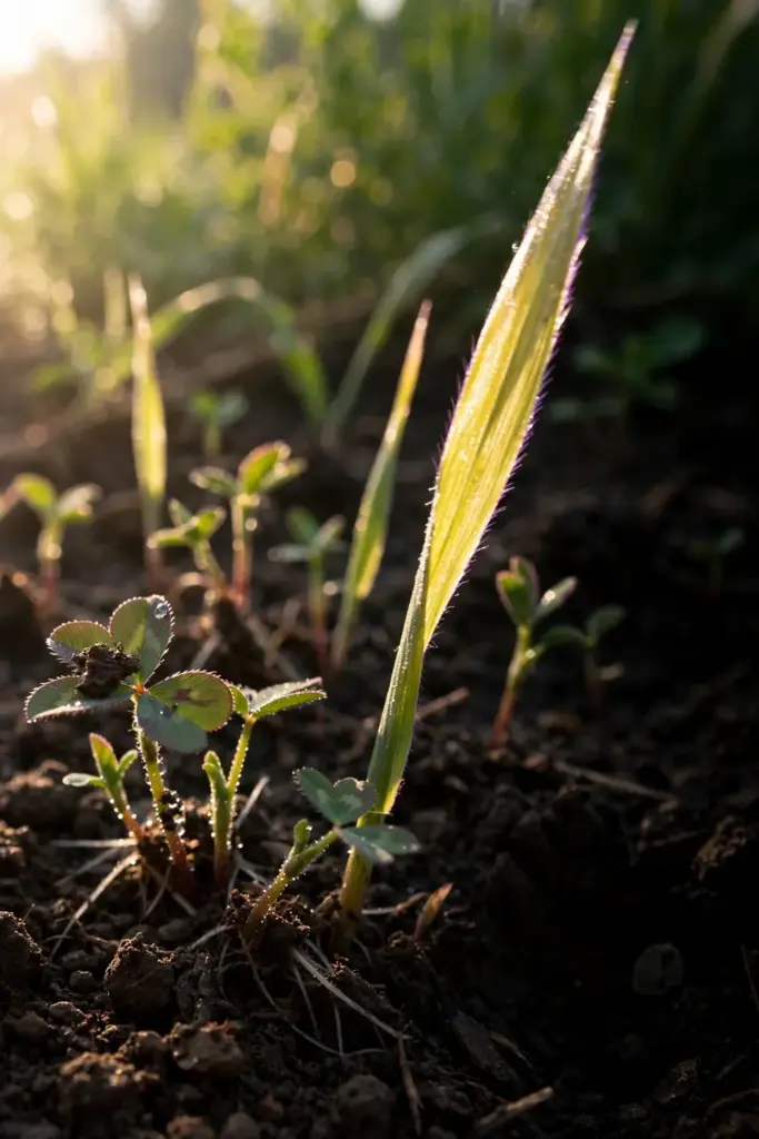 Mixed oat and clover seedlings at successive stages in dark soil