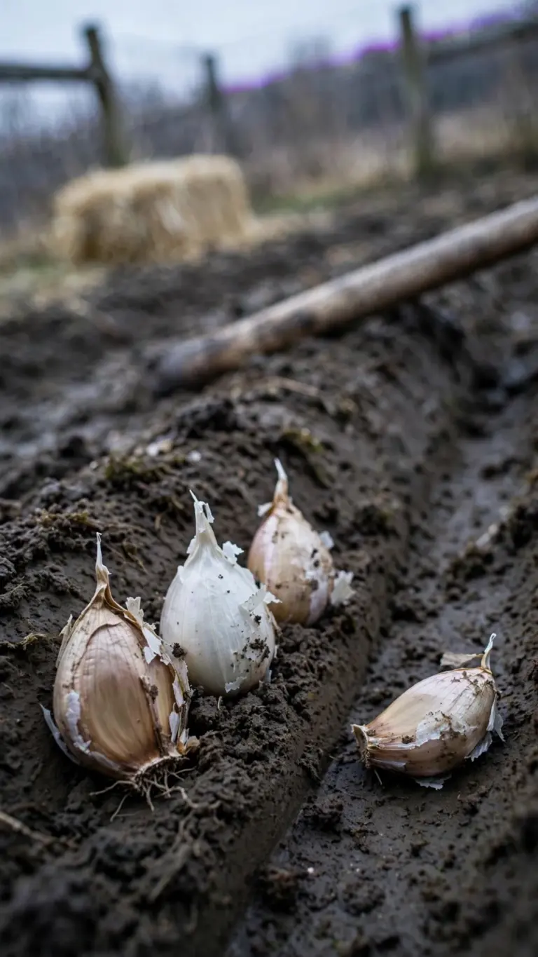 Garlic cloves pressed pointy-end-up into October soil at even spacing