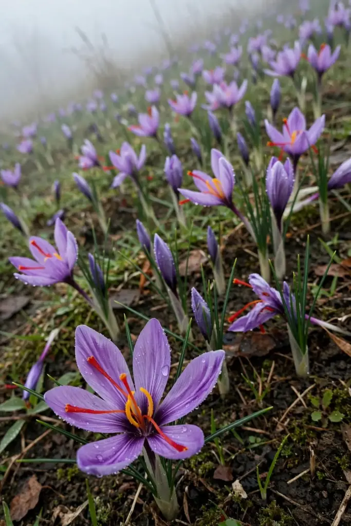 Saffron patch in full October bloom with purple flowers and red stigmas