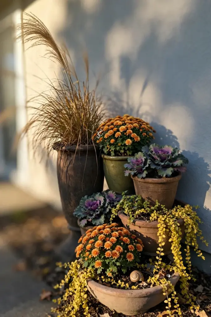 Cluster of five fall pots in varied heights grouped by a wall
