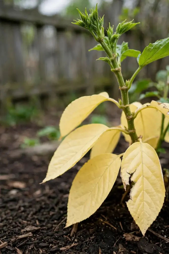 Old lower leaves turning uniform yellow below green new growth