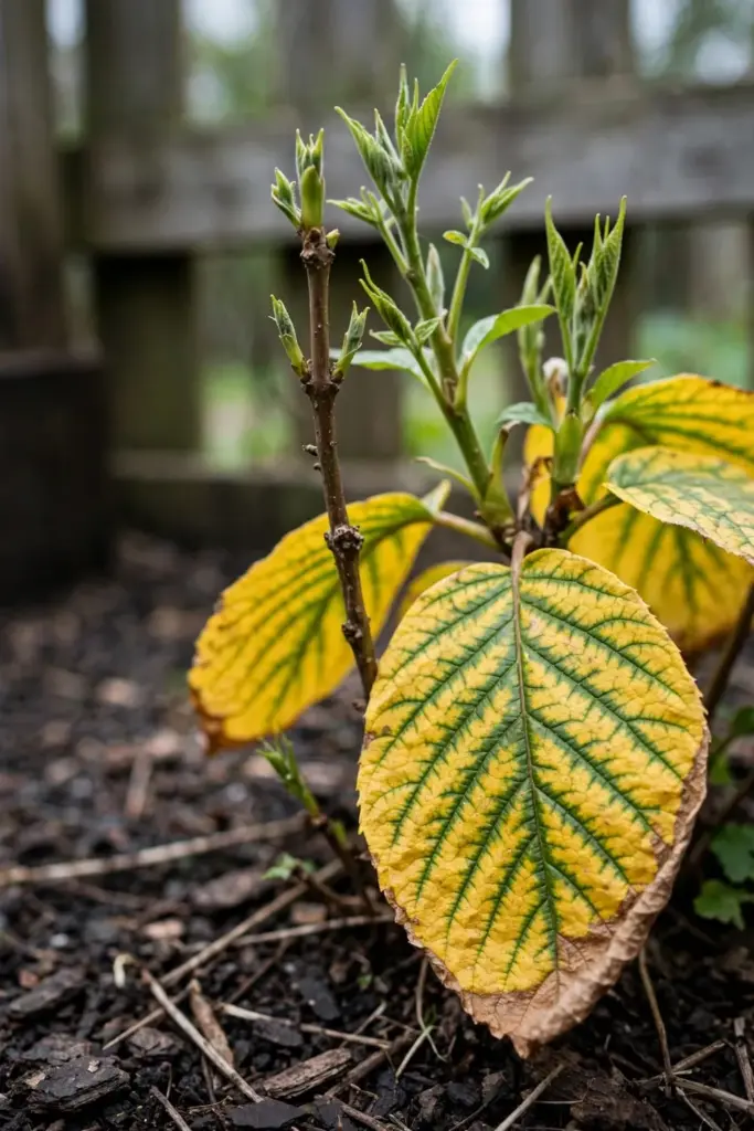 Old leaves yellow between green veins with green new growth above