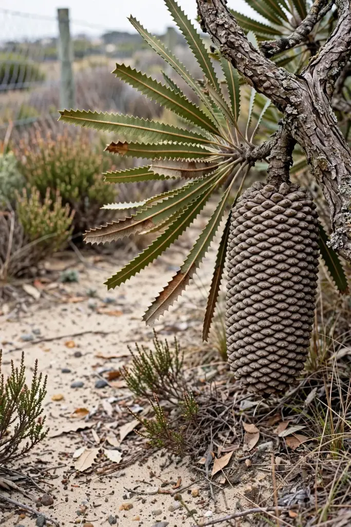 Old Man Banksia branch with serrated leaves and a woody cone