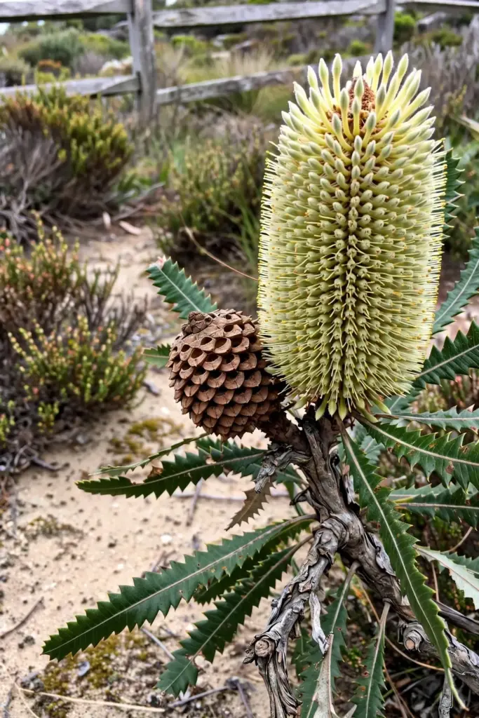 Old Man Banksia spike with tiny yellow green flowers and a woody cone beside serrated leaves