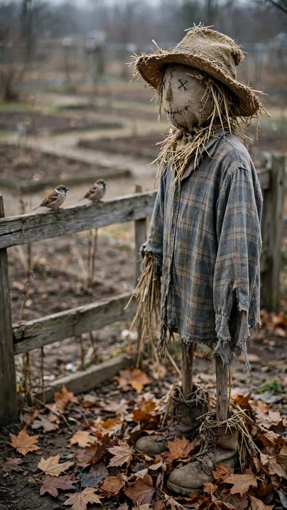 An older scarecrow with birds perched nearby at the end of the season