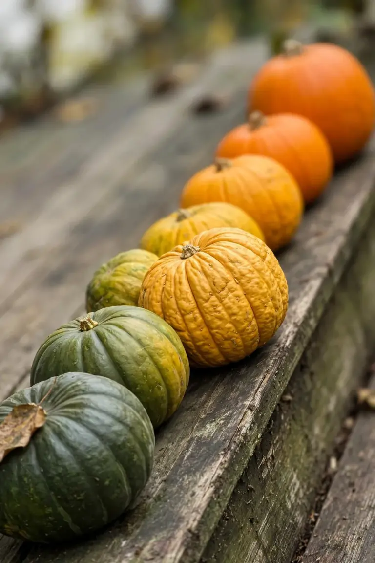 Pumpkins arranged in a gradient from green through gold to orange on a porch step