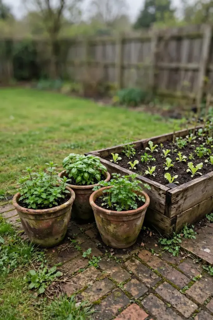 Single raised bed beside three large pots of herbs