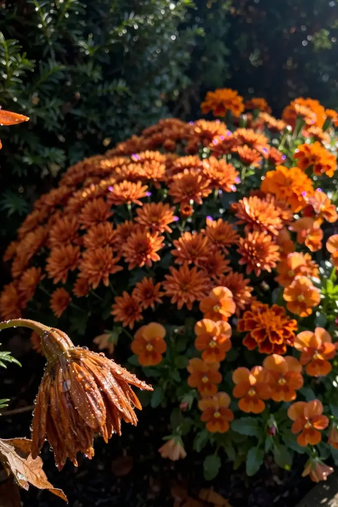 Border of rust-orange mums and pansies in one dominant fall color