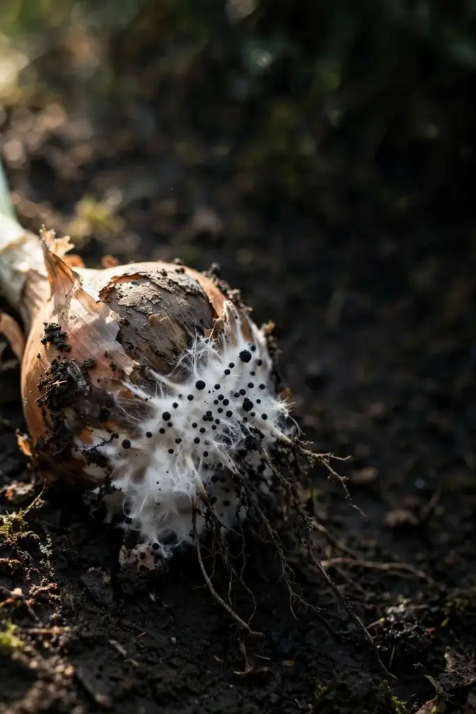 Rotted onion bulb with white mycelium and poppy-seed sclerotia at the base.