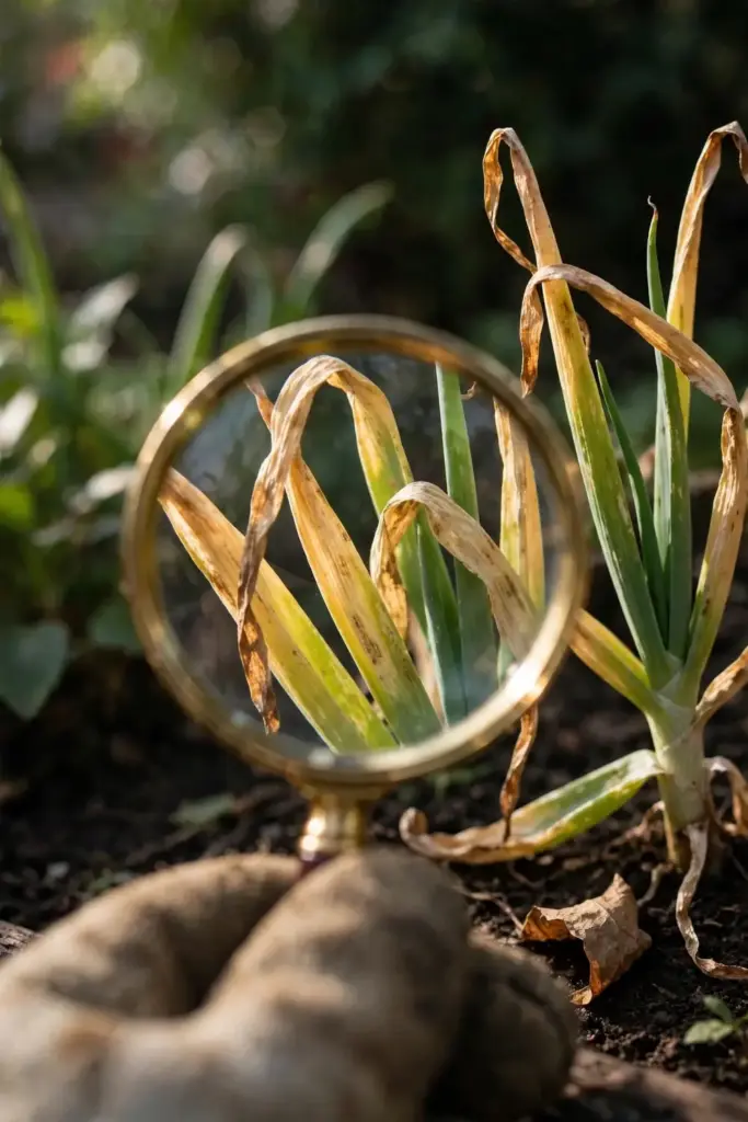 Magnifying glass over yellowing onion foliage wilting from white rot.