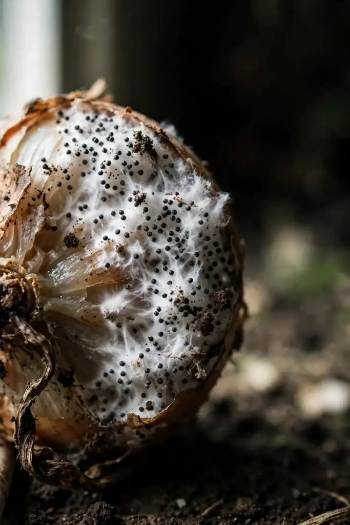 Extreme macro of tiny black sclerotia studding rotted onion bulb tissue.