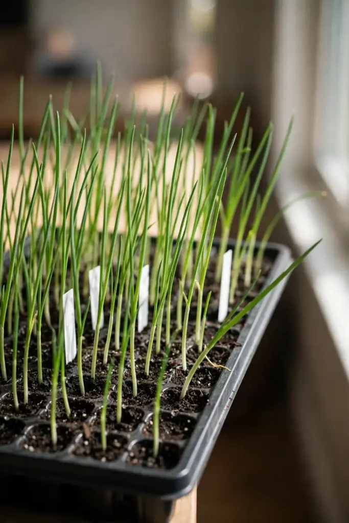 Onion seedlings in a tray of fresh sterile mix with blank labels.
