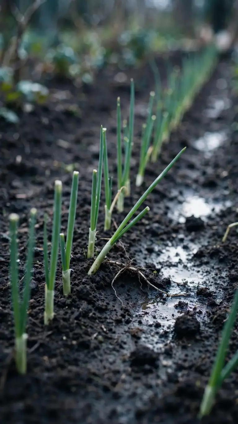 Slender onion transplants set in a row for overwintering