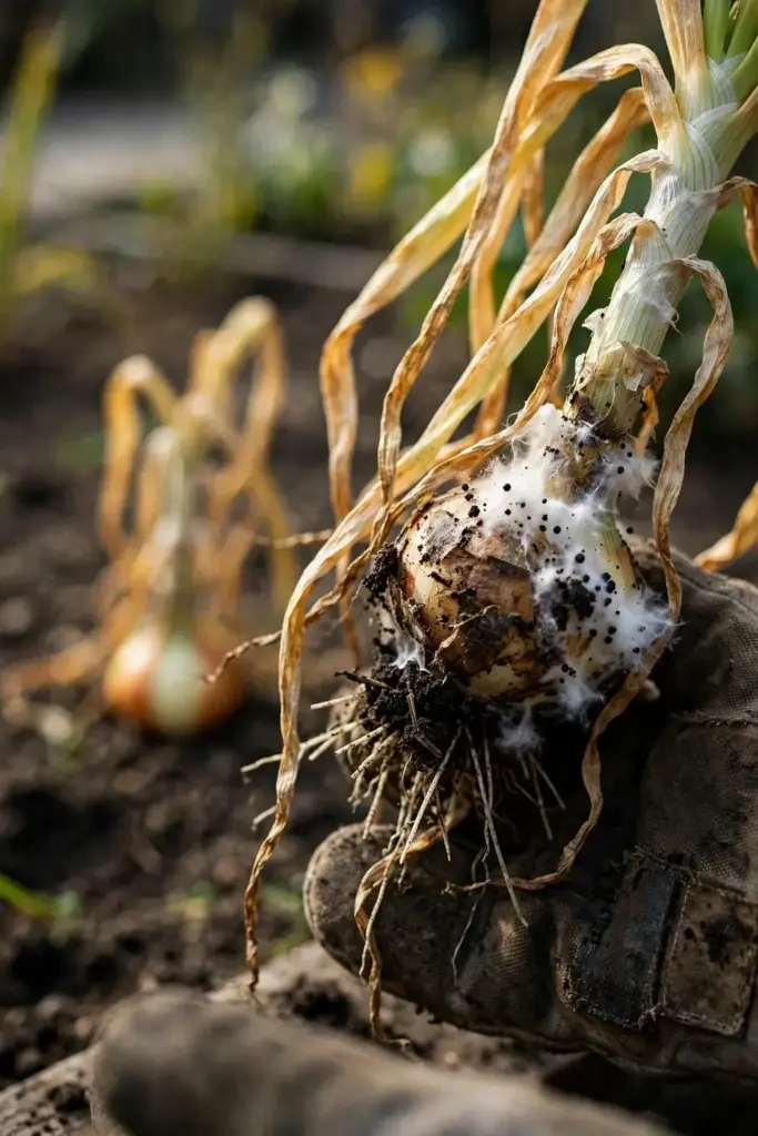Lifted onion plant with rotted base held for white rot triage inspection.
