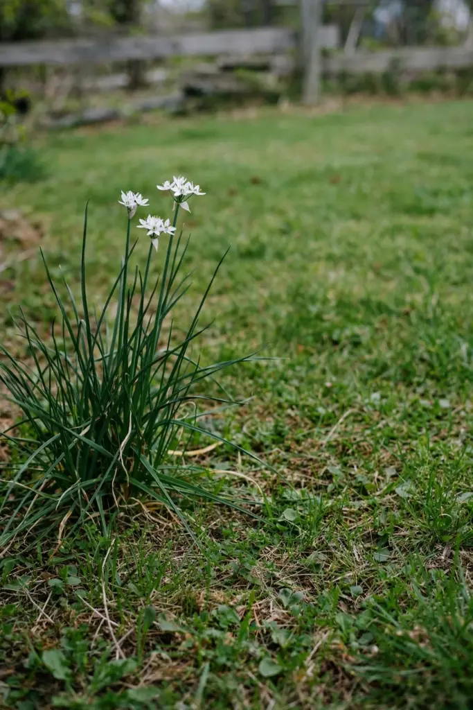 Onion weed clump with strappy leaves and white flowers on tall stems in a lawn