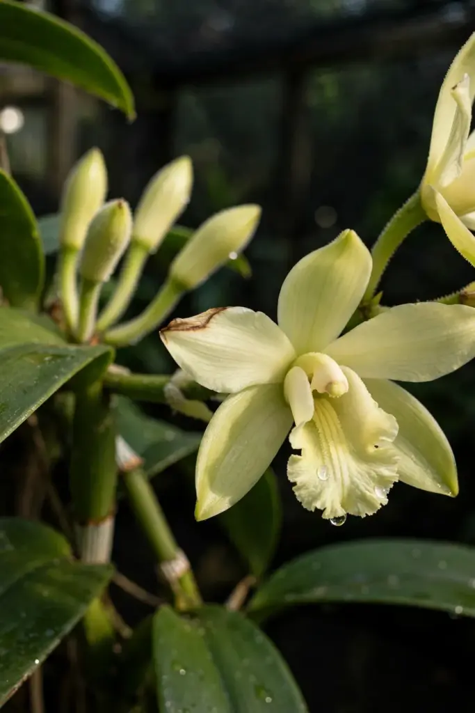Open vanilla orchid flower with waxy pale green petals on the vine