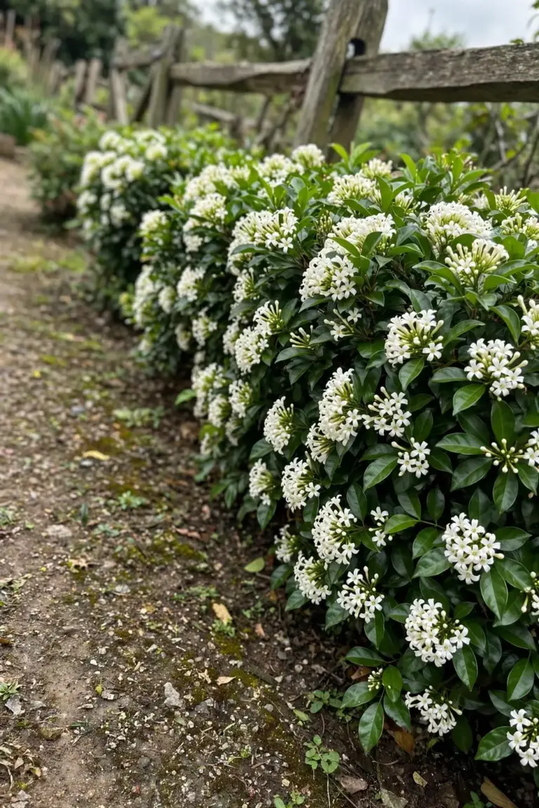 Low orange jessamine hedge with white star-shaped flowers