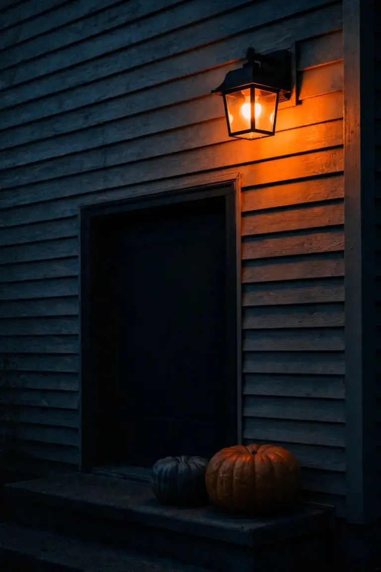 Porch light glowing orange beside a front door in the early evening