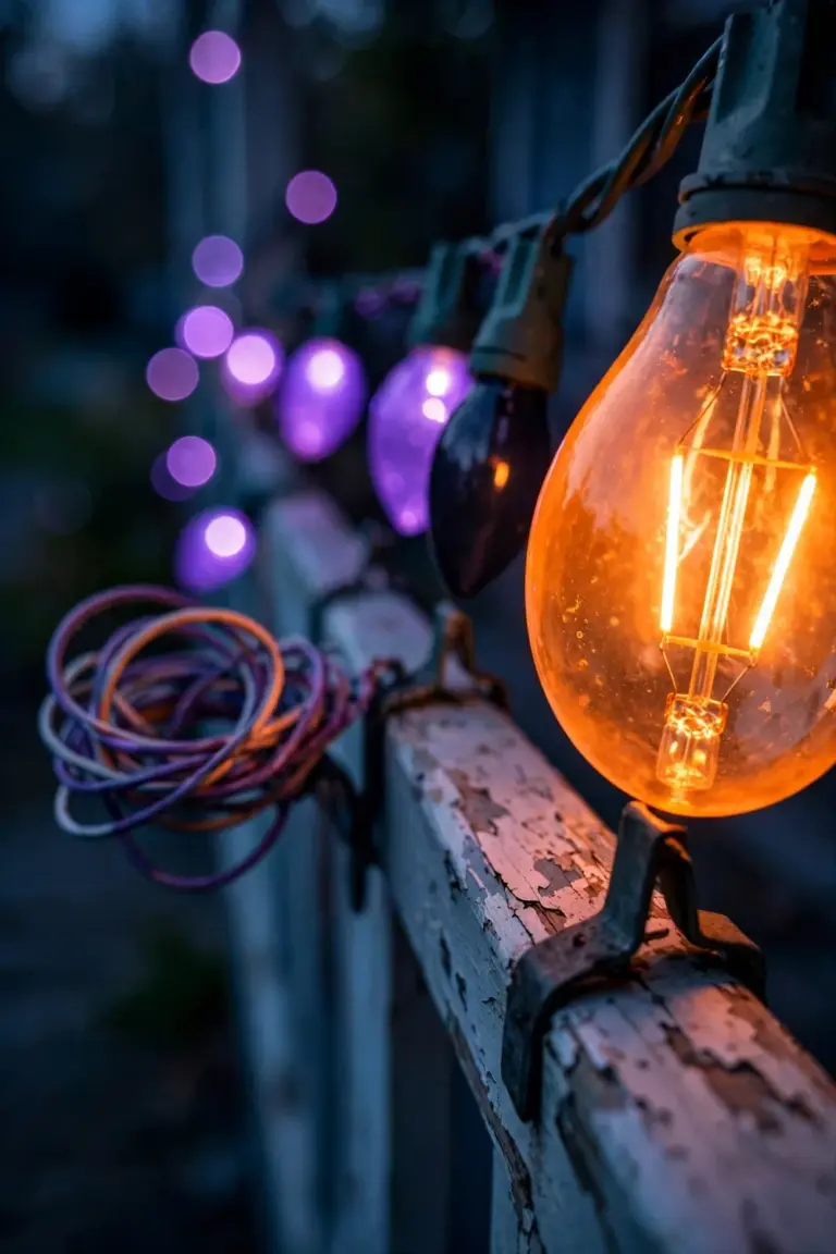 Orange and purple string light strands wrapped along a porch rail, warm bulbs glowing at close range