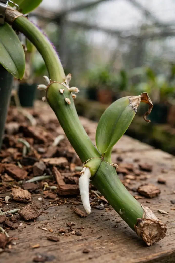 Vanilla orchid cutting with nodes and aerial root nubs on a potting bench