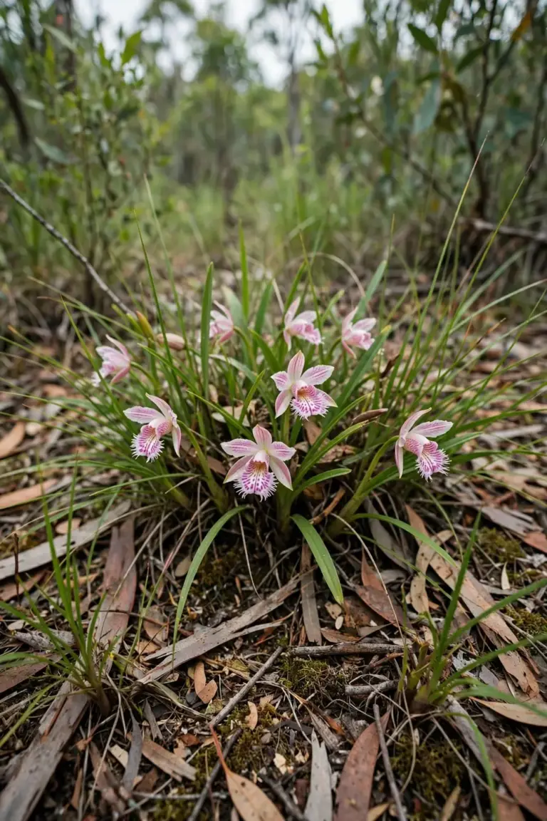 Native orchid flowers with patterned labellums growing in dappled bushland