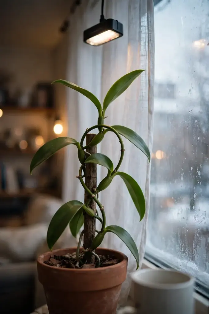 Potted vanilla orchid overwintering by a bright indoor window
