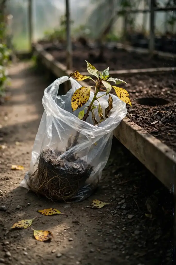 Bagged infected plant beside an empty hole in a greenhouse bench.