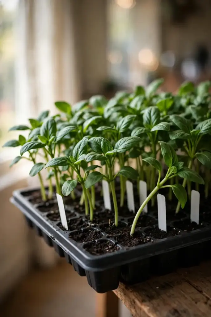 Tray of sturdy healthy seedlings in fresh sterile mix.