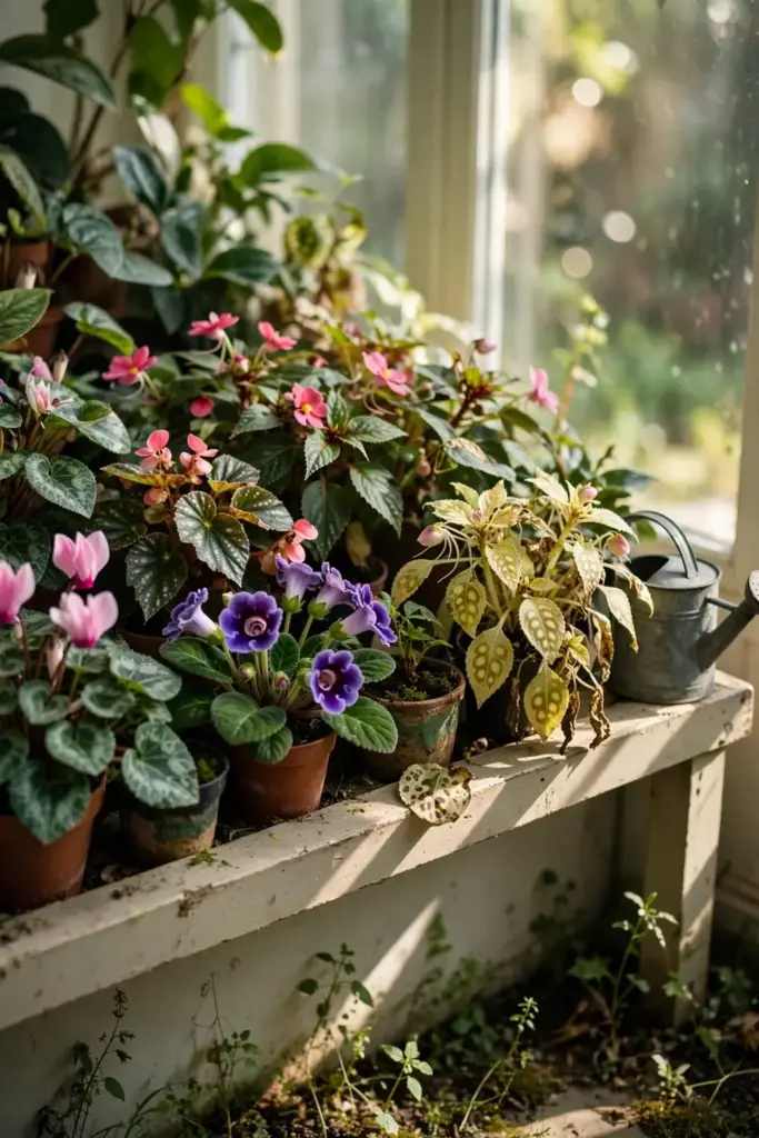 Crowded sunroom shelf of mixed houseplants with weeds under the bench.