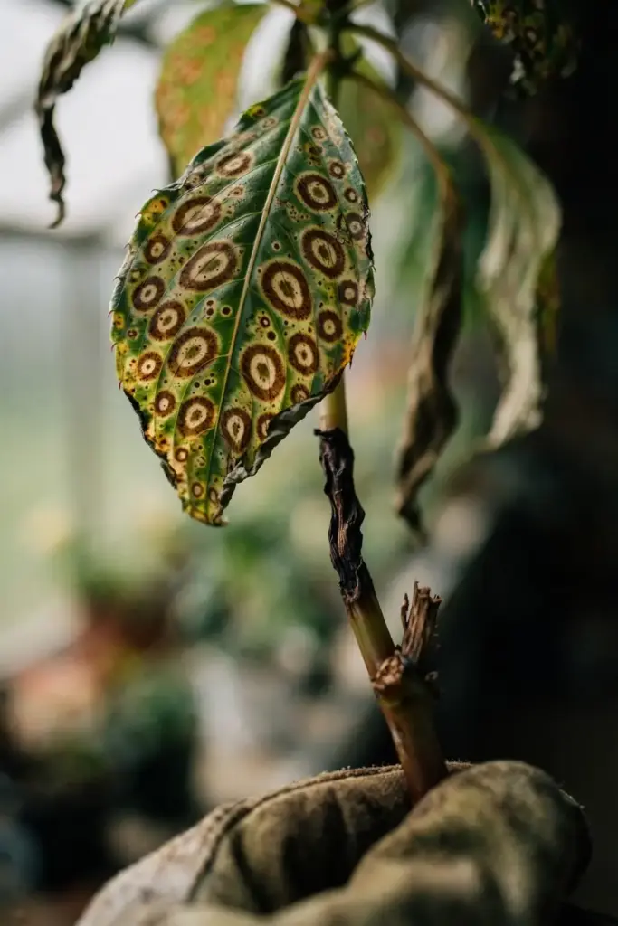 Spotted impatiens leaf held up for the discard decision.