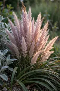 Mixed ornamental grass border with fountain grass plumes, strappy lilies and silver lamb's ear