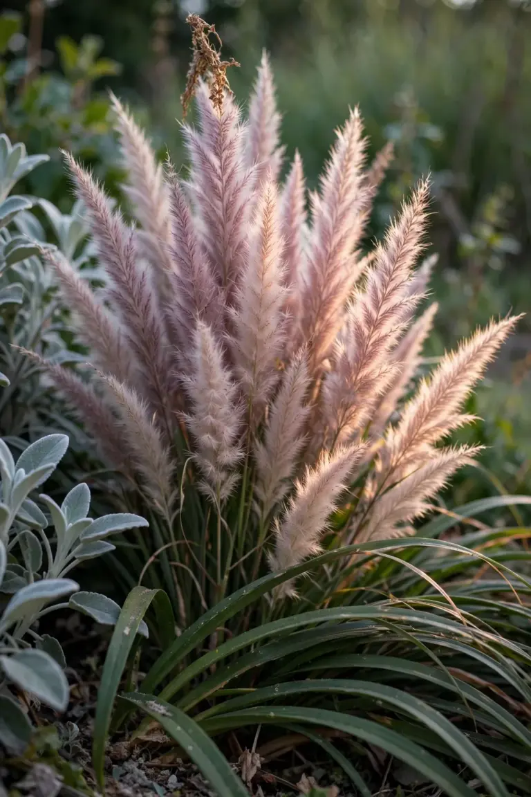 Mixed ornamental grass border with fountain grass plumes, strappy lilies and silver lamb's ear