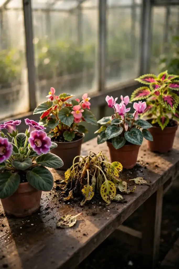 Greenhouse bench of mixed ornamentals with one collapsed impatiens among healthy plants.