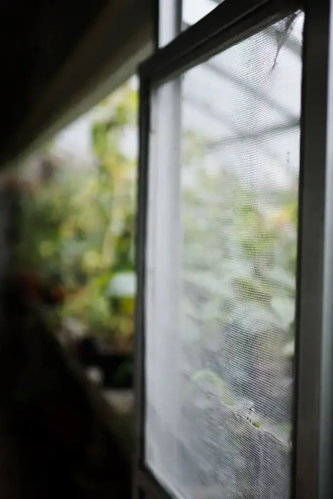 Fine mesh screen fitted over a greenhouse vent.