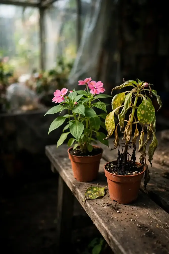 Healthy green impatiens beside a stunted ringspotted one for comparison.