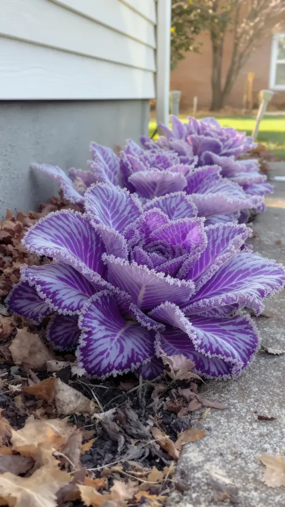 Ornamental kale with purple centers planted in a mulched front bed