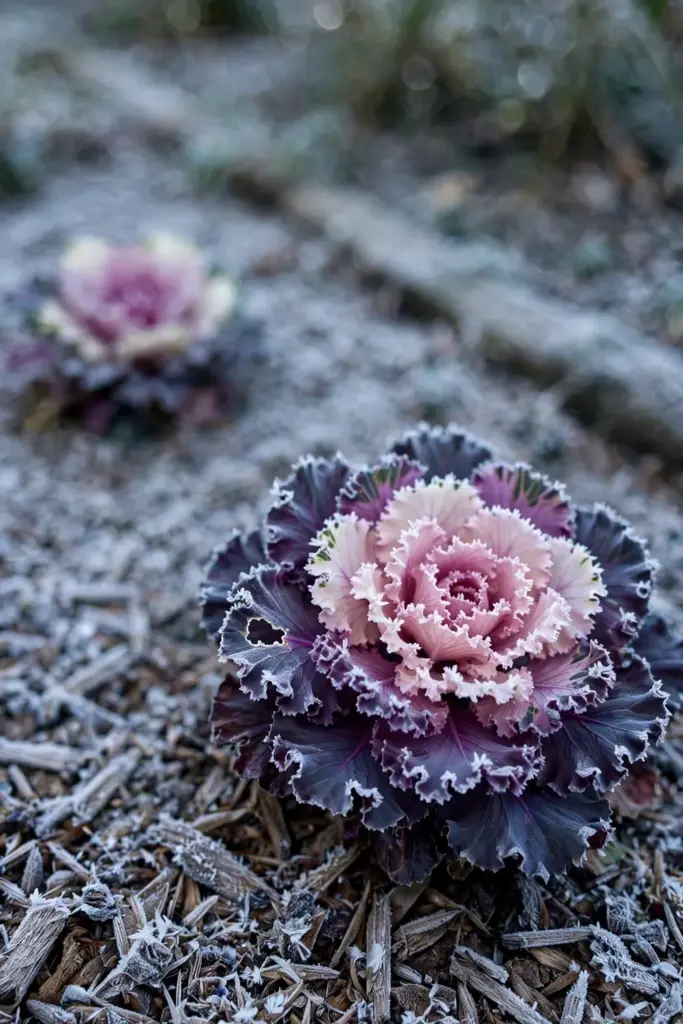 Pink-centered ornamental kale rosette rimed with morning frost