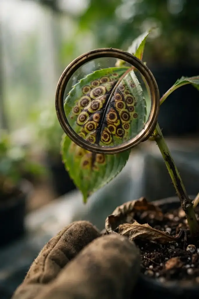 Magnifying glass over an impatiens leaf with ringspots and browned veins.