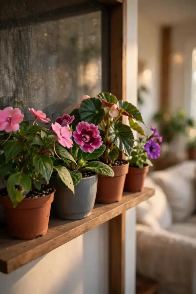 My own screened shelf of healthy ornamentals growing after a virus outbreak.