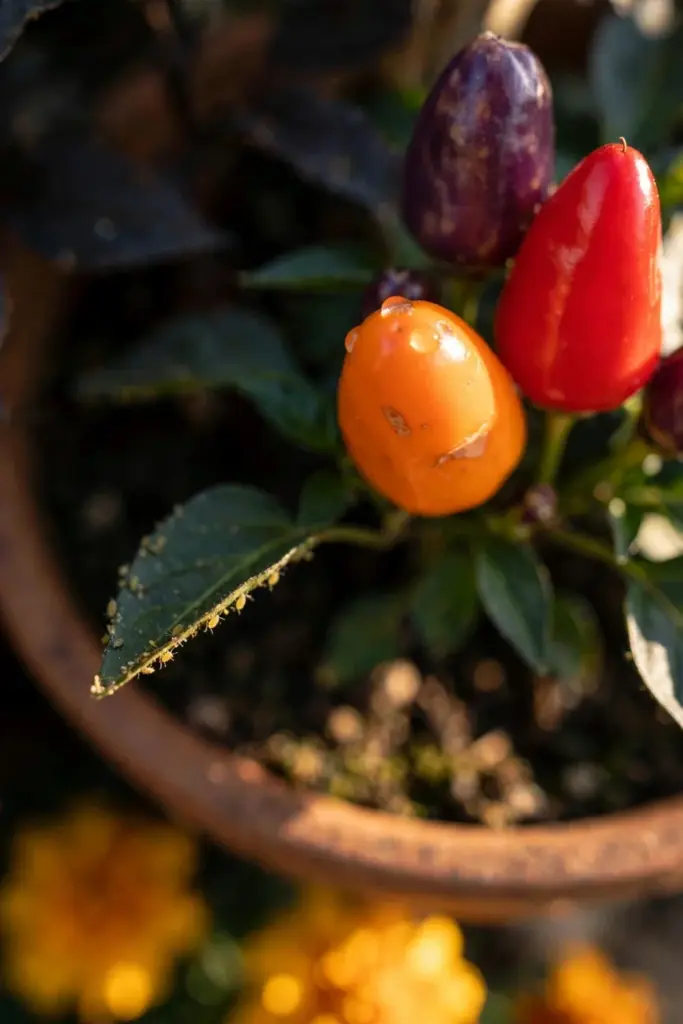 Ornamental pepper fruits in purple, orange, and red, close detail