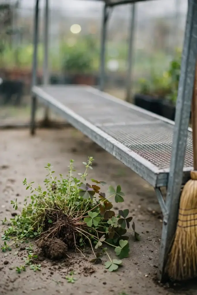 Pulled greenhouse weeds piled beside a clean swept bench.