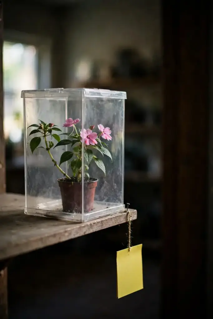New plant isolated in a clear box on a separate shelf for quarantine.