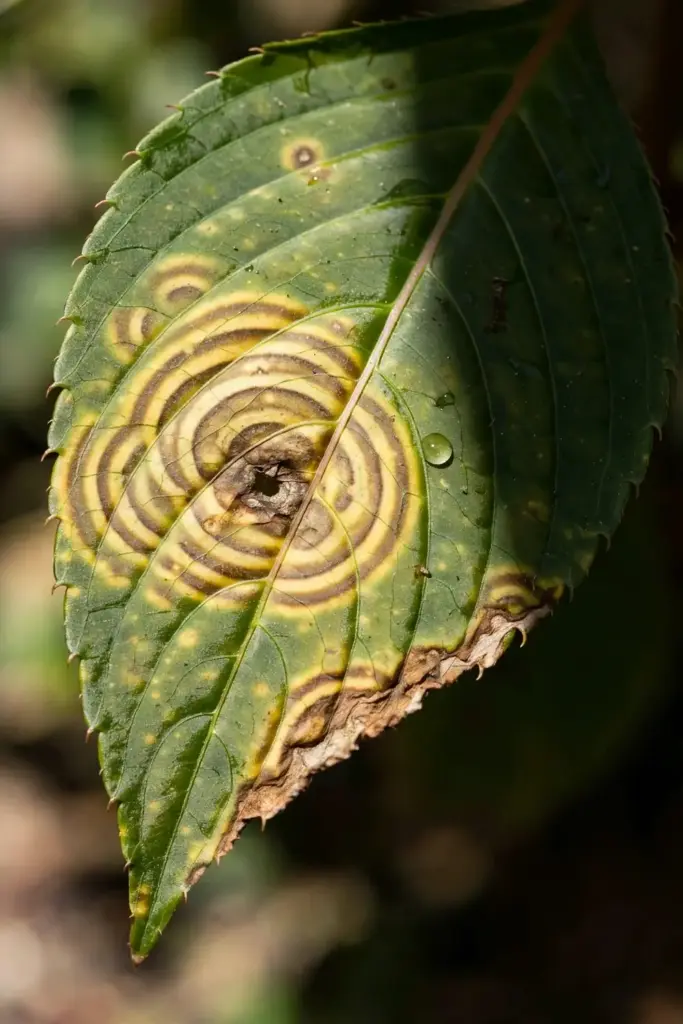 Extreme close-up of an impatiens leaf with concentric brown ringspots.