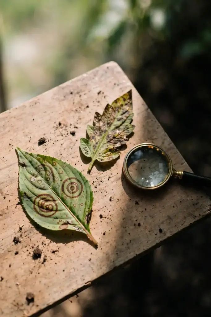 Two spotted leaves side by side on a wooden board for virus comparison.