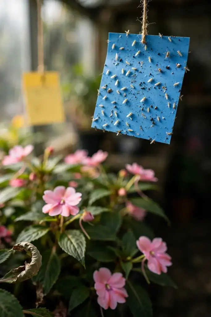 Blue sticky card above impatiens with tiny trapped thrips.