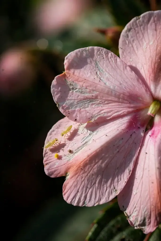 Extreme close-up of tiny thrips feeding on an impatiens petal with silvery scars.