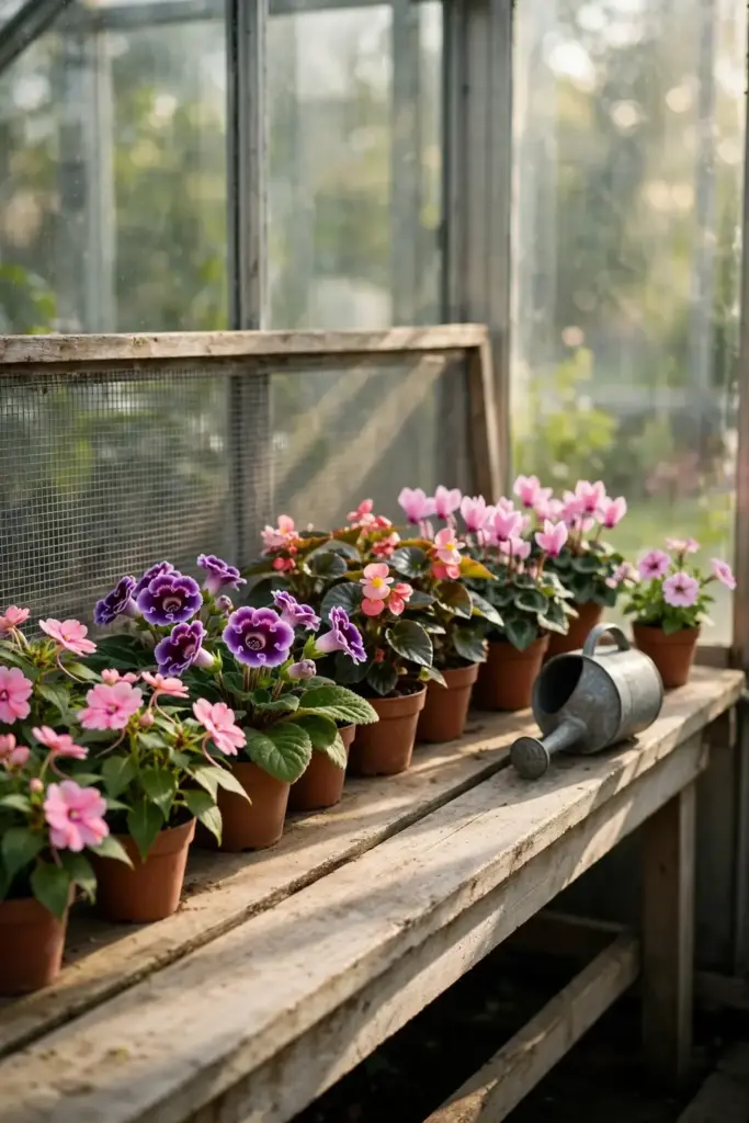 Thriving greenhouse bench of healthy ornamentals in soft morning light.