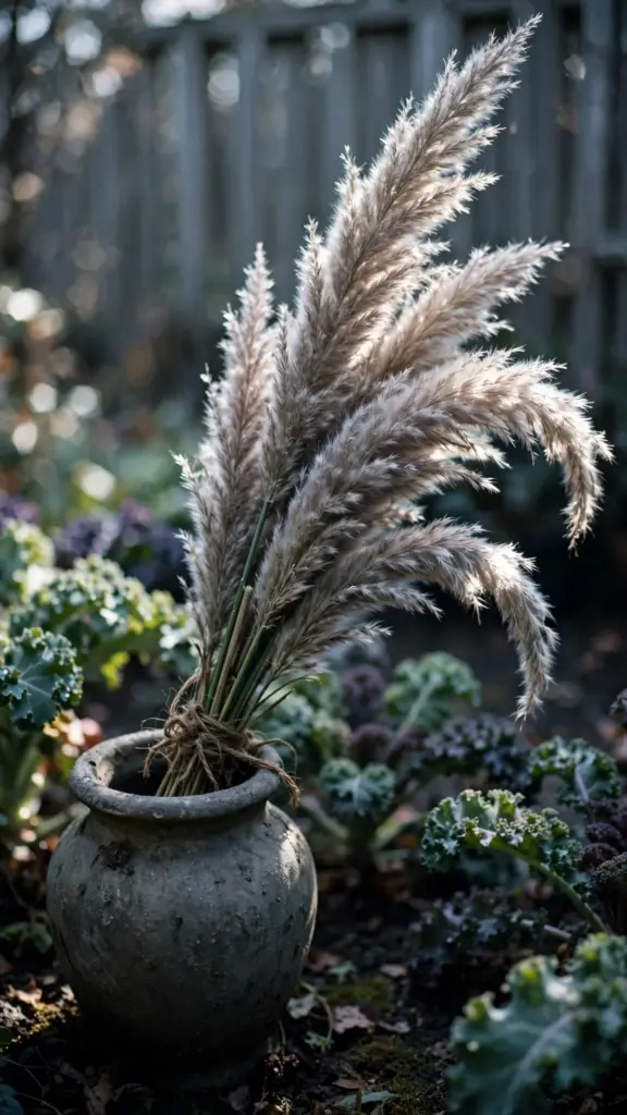 Cut ornamental grass plumes standing tall in a planted urn