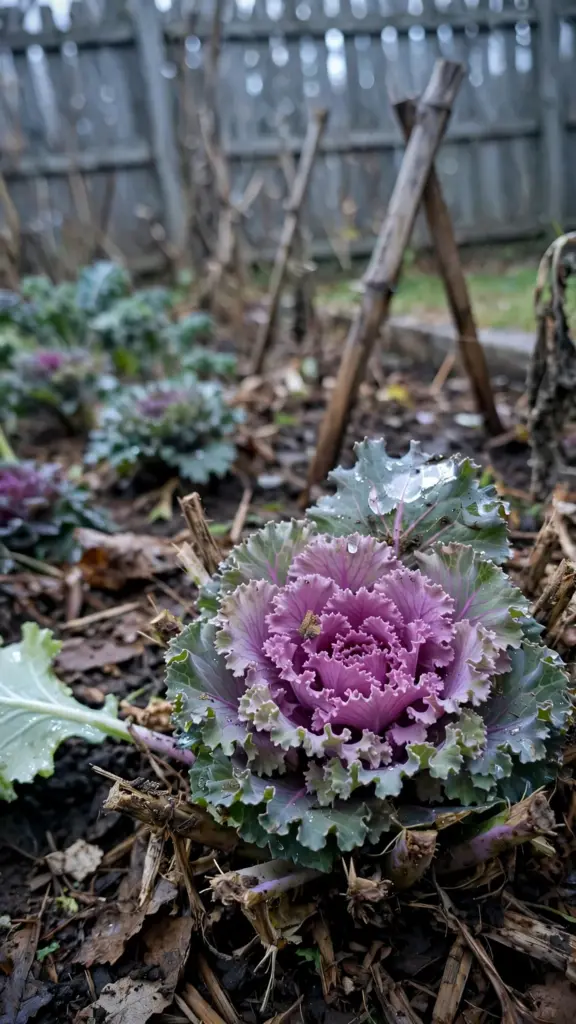 Ornamental kale rosettes with purple centers cut fresh from a vegetable bed