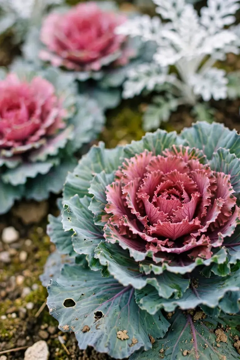'Osaka Red' ornamental cabbage rosette with a red center and blue-green outer leaves